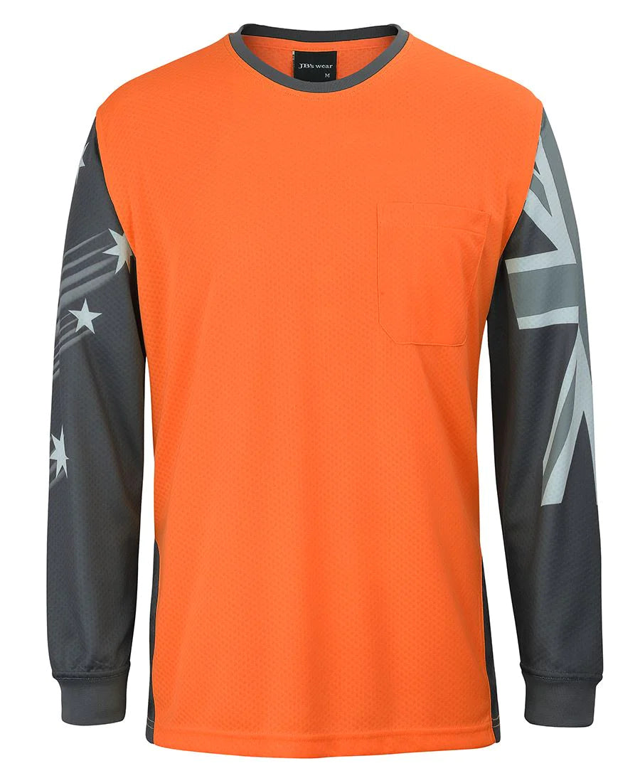 JB's fluorescent orange long sleeve top with Southern Cross sleeves