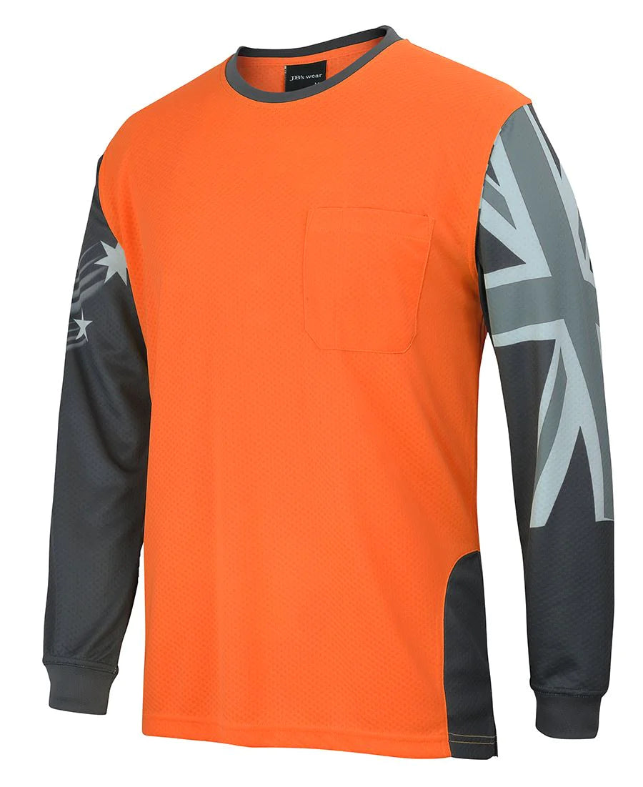 JB's fluorescent lime long sleeve top with Southern Cross sleeves