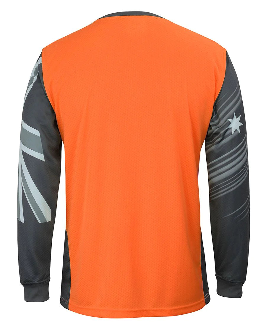 JB's fluorescent lime long sleeve top with Southern Cross sleeves
