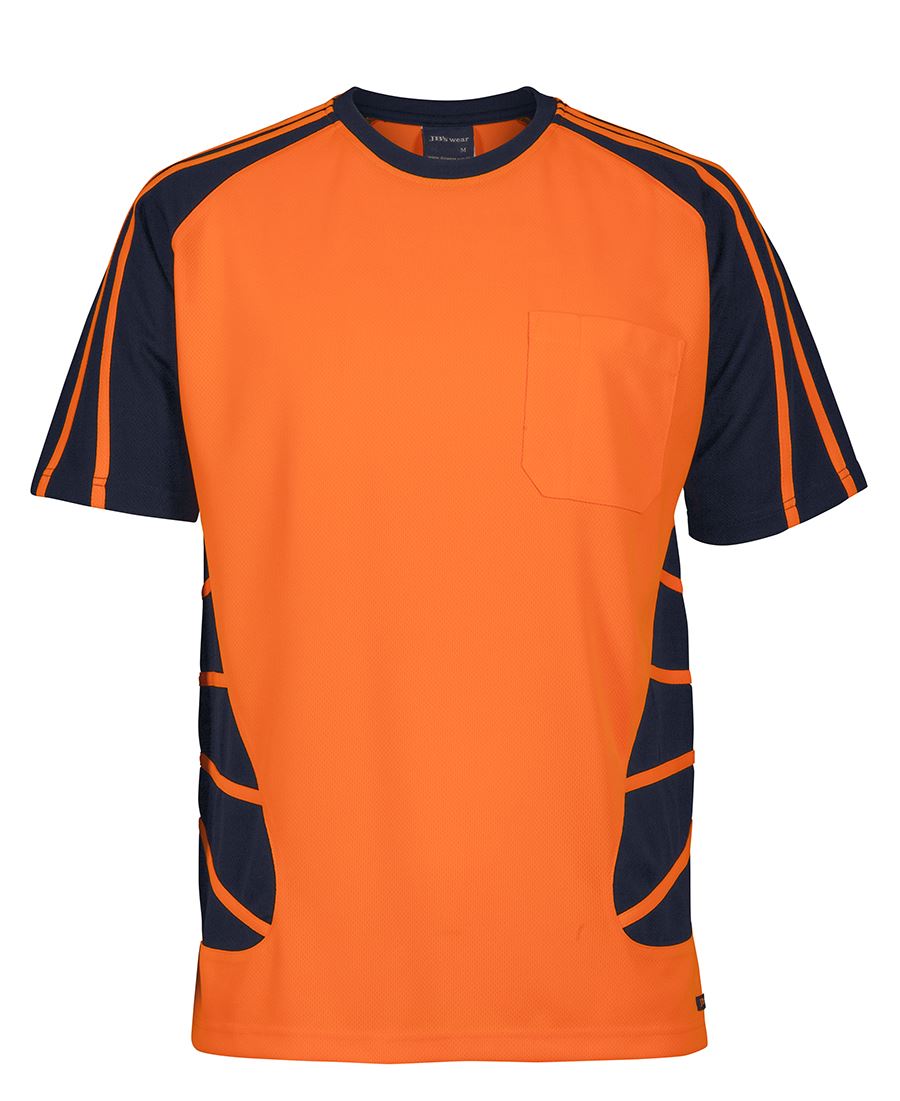 JB's fluorescent orange t'shirt with spider design sleeves