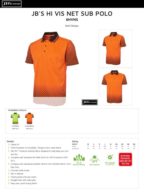 Information sheet JB's hi vis net sub polo
