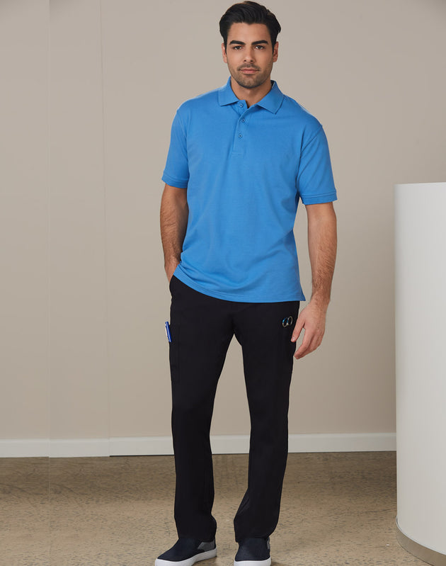 a man in a blue shirt and black pants