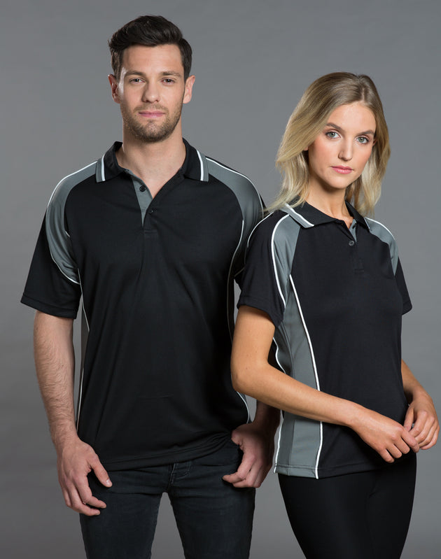 Man and lady wearing Winning Spirit polo with black and grey and white