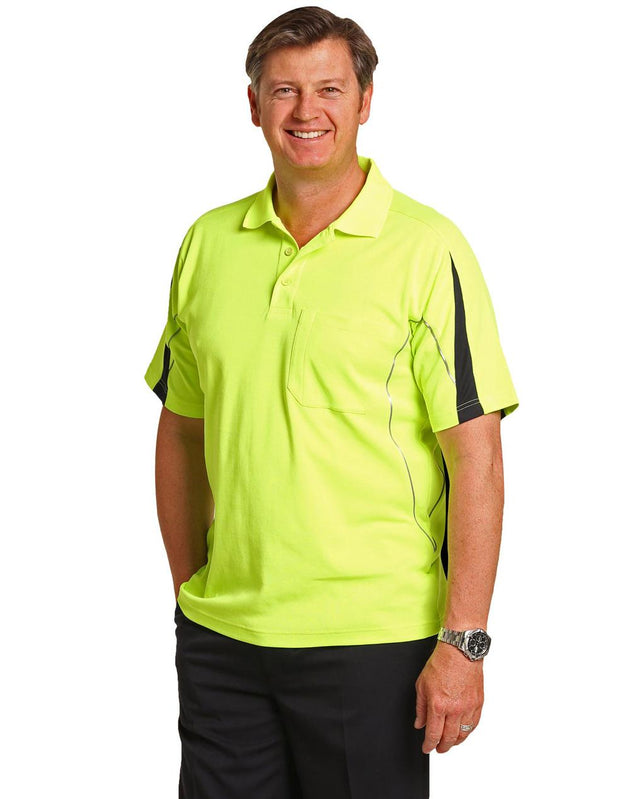 Winning Spirit SW25A HI-VIS LEGEND SHORT SLEEVE POLO Mens in fluorescent yellow with navy detail on sleeve