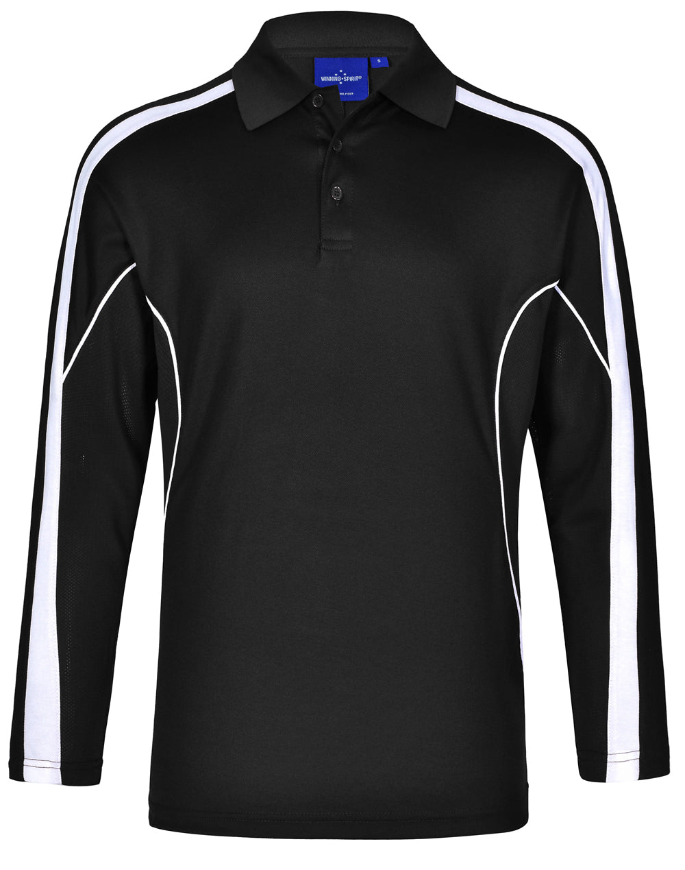 a black and white polo shirt with a blue and white stripe