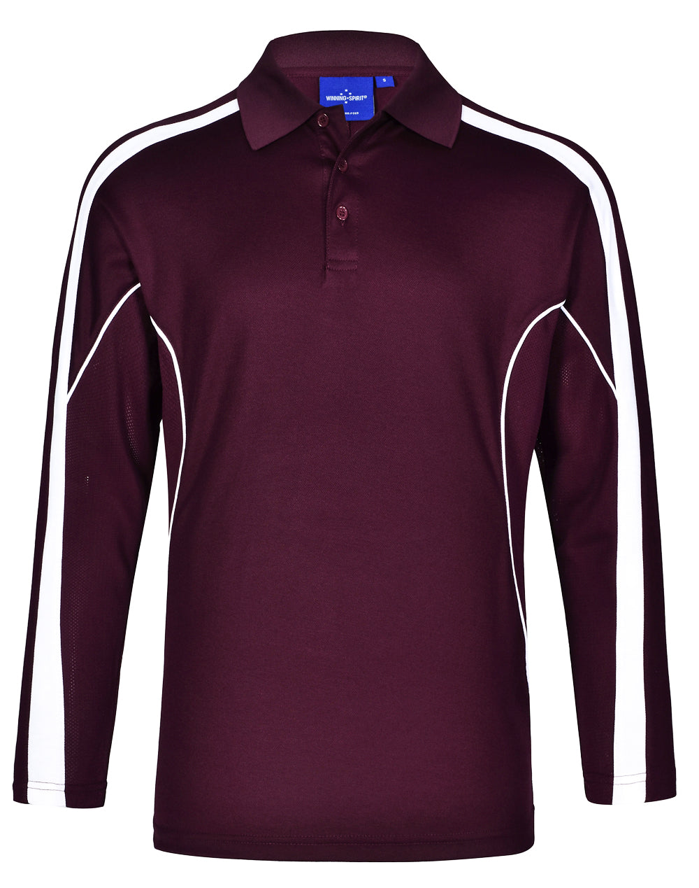 a maroon shirt with white stripes on the sleeves