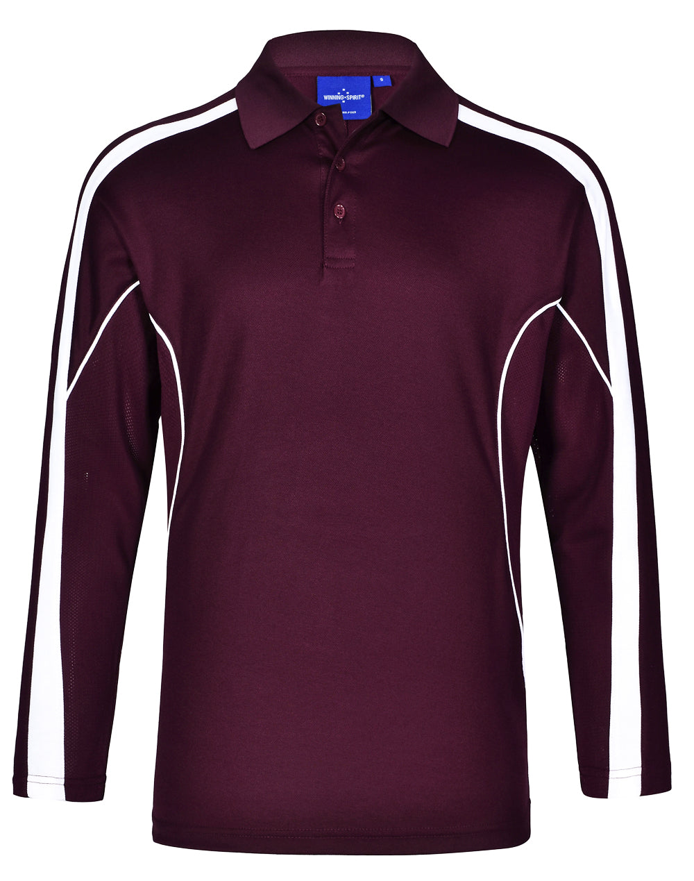 a maroon shirt with white stripes on the sleeves