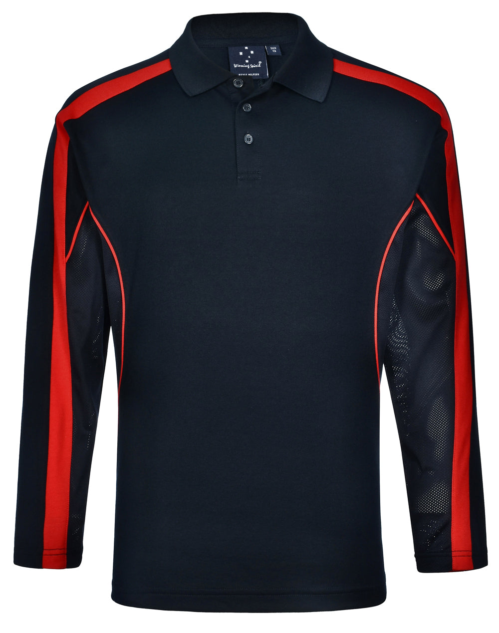 a black and red polo shirt with red trims