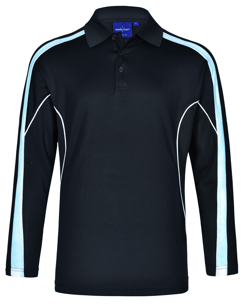 a black and white polo shirt with a blue stripe
