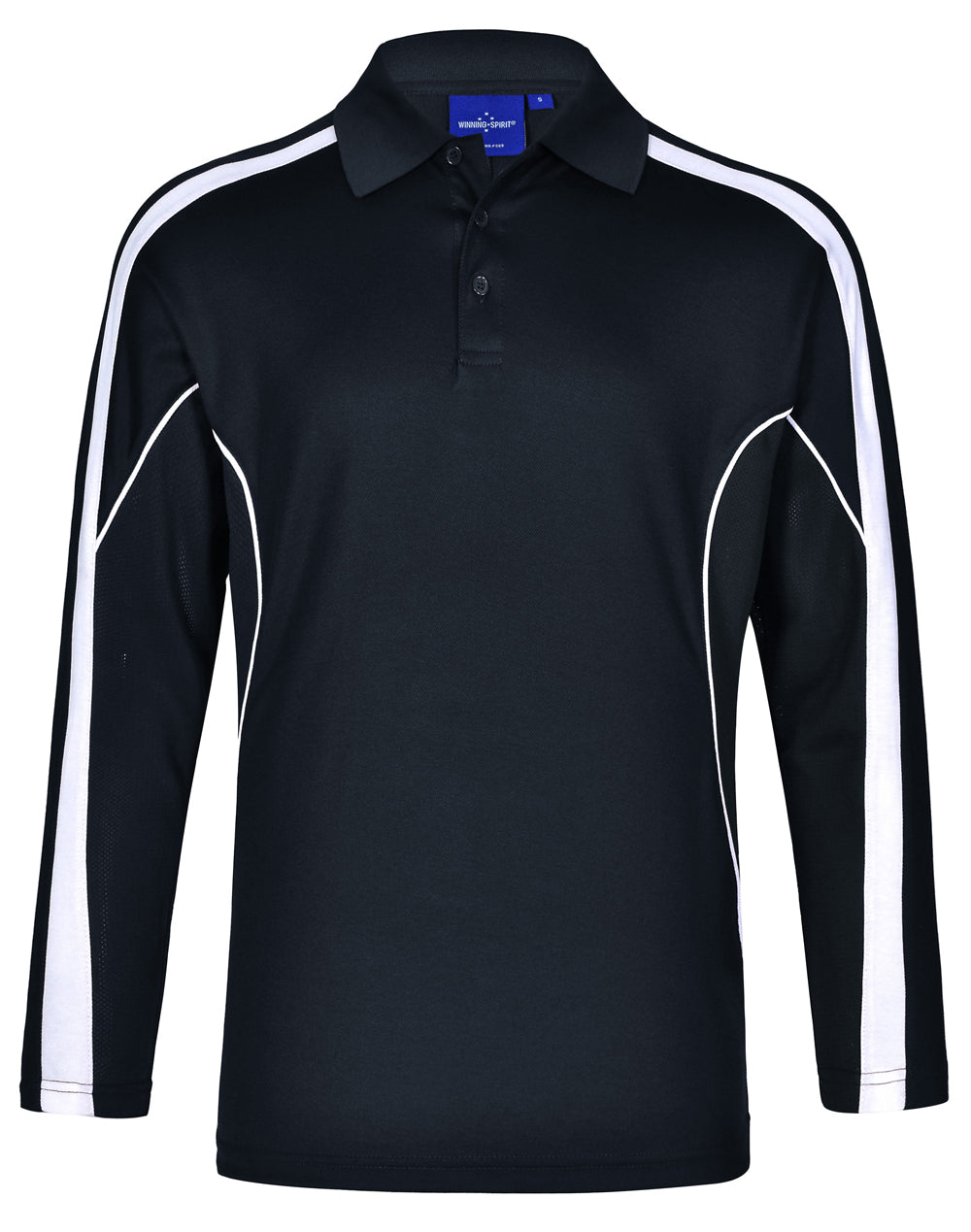 a black and white polo shirt with a white stripe