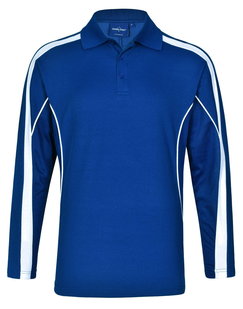 a blue polo shirt with white stripes on the sleeves
