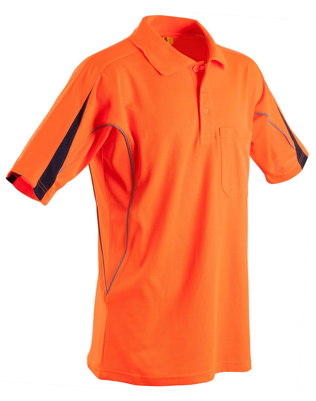 Winning Spirit SW25A HI-VIS LEGEND SHORT SLEEVE POLO Mens in fluorescent orange with navy detail on sleeve