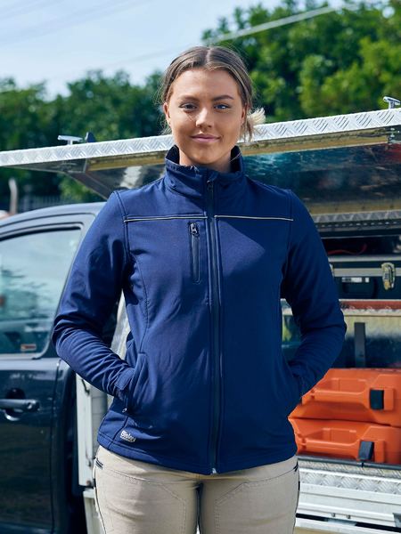 Woman wearing Bisley BJL6060 WOMEN'S SOFT SHELL JACKET in navy blue