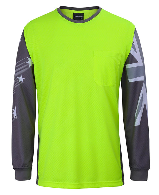 JB's fluorescent lime long sleeve top with Southern Cross sleeves