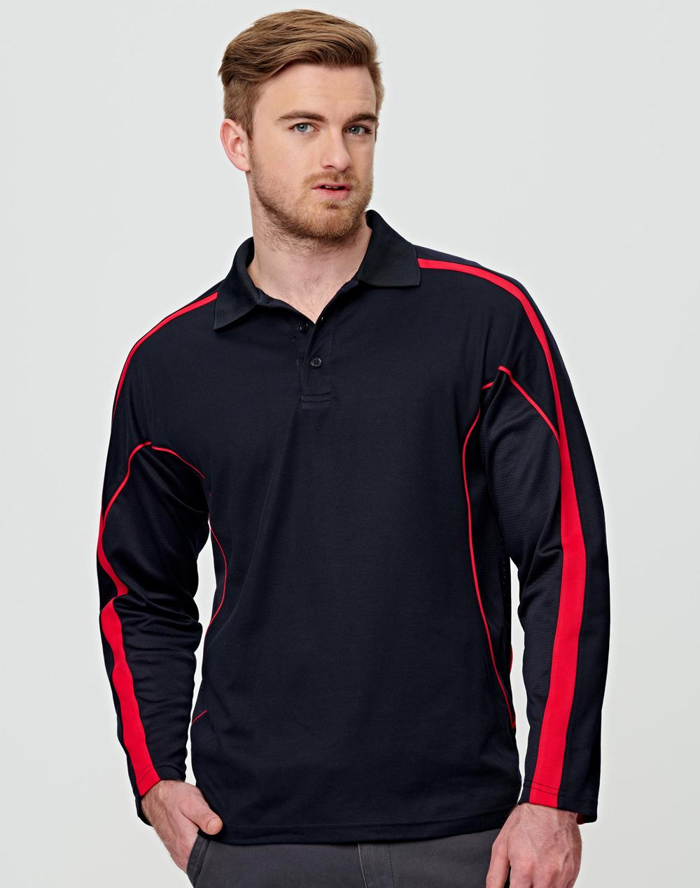 a man wearing a black and red polo shirt