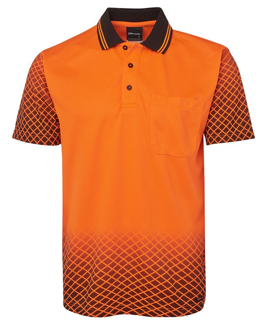 JB's fluorescent orange polo with hatch design